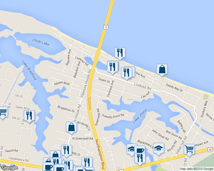 map of restaurants, bars, coffee shops, grocery stores, and more near 4601A Guam Street in Virginia Beach