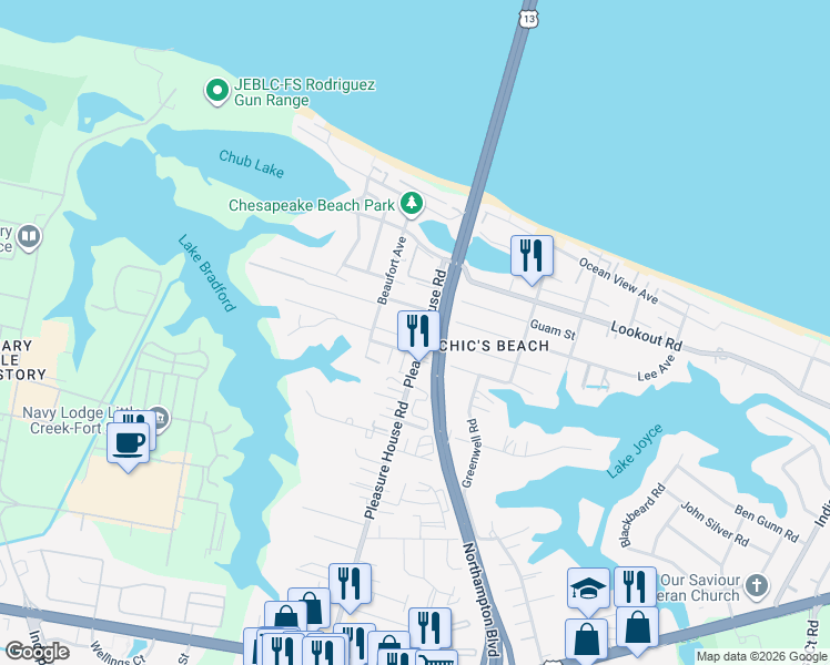 map of restaurants, bars, coffee shops, grocery stores, and more near 4812 Bel Air Lane in Virginia Beach