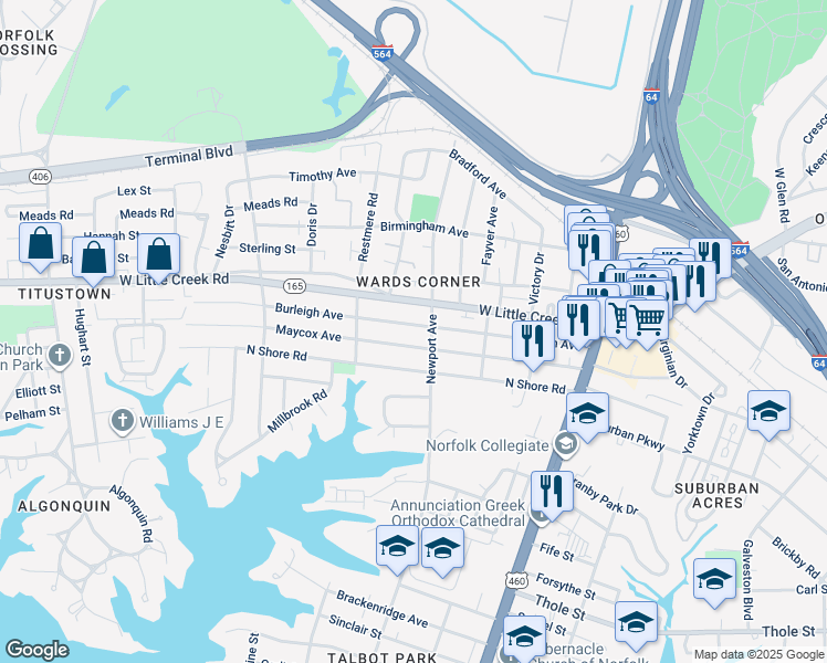map of restaurants, bars, coffee shops, grocery stores, and more near 405 Burleigh Avenue in Norfolk