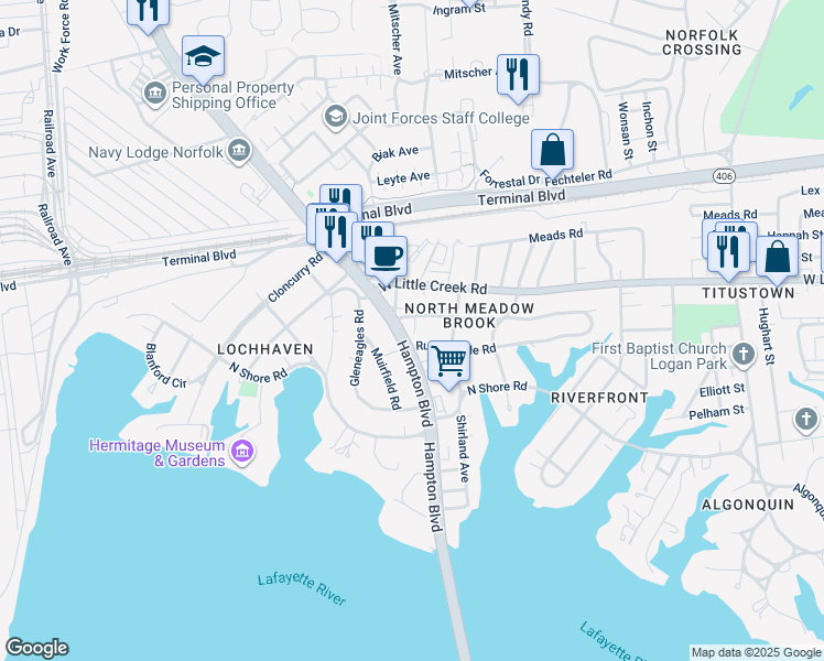 map of restaurants, bars, coffee shops, grocery stores, and more near 1621 Trouville Avenue in Norfolk