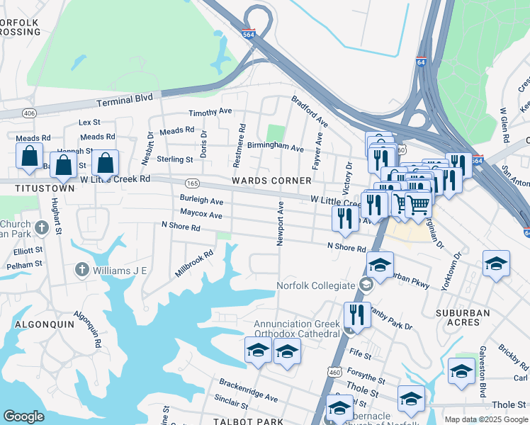 map of restaurants, bars, coffee shops, grocery stores, and more near 400 Burleigh Avenue in Norfolk