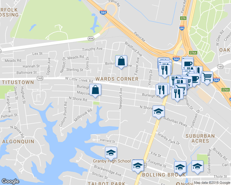 map of restaurants, bars, coffee shops, grocery stores, and more near 405 Burleigh Avenue in Norfolk