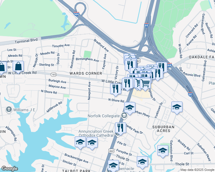 map of restaurants, bars, coffee shops, grocery stores, and more near 214 Burleigh Avenue in Norfolk