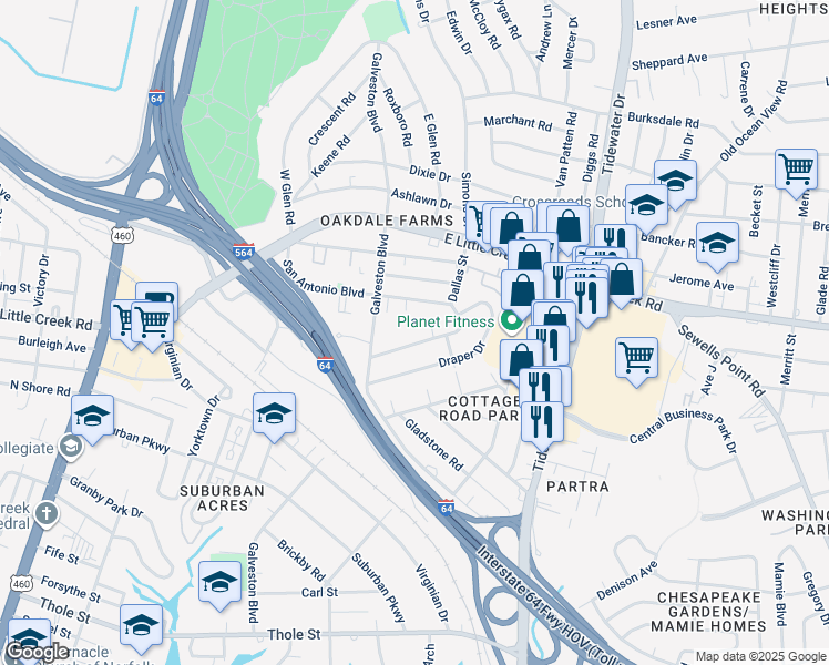map of restaurants, bars, coffee shops, grocery stores, and more near 418 Macdonald Road in Norfolk