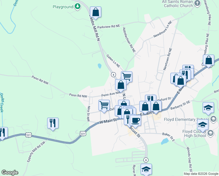 map of restaurants, bars, coffee shops, grocery stores, and more near 316 Penn Avenue Northwest in Floyd