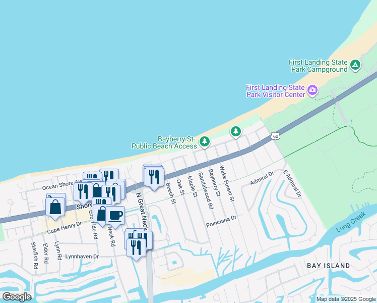map of restaurants, bars, coffee shops, grocery stores, and more near 2710 Ocean Shore Avenue in Virginia Beach
