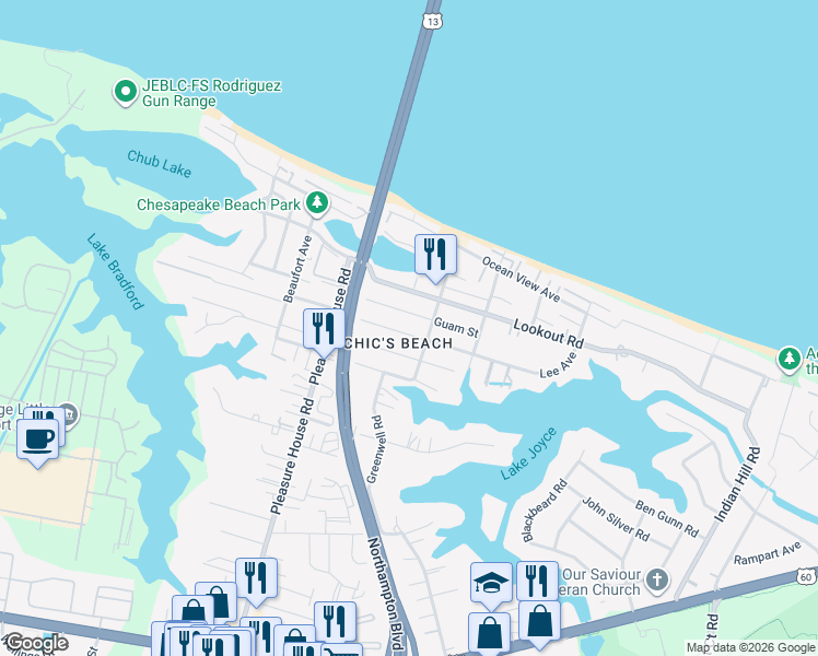 map of restaurants, bars, coffee shops, grocery stores, and more near 4601A Guam Street in Virginia Beach