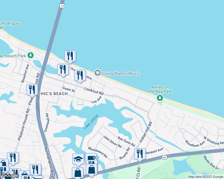 map of restaurants, bars, coffee shops, grocery stores, and more near 3750 Ocean View Avenue in Virginia Beach