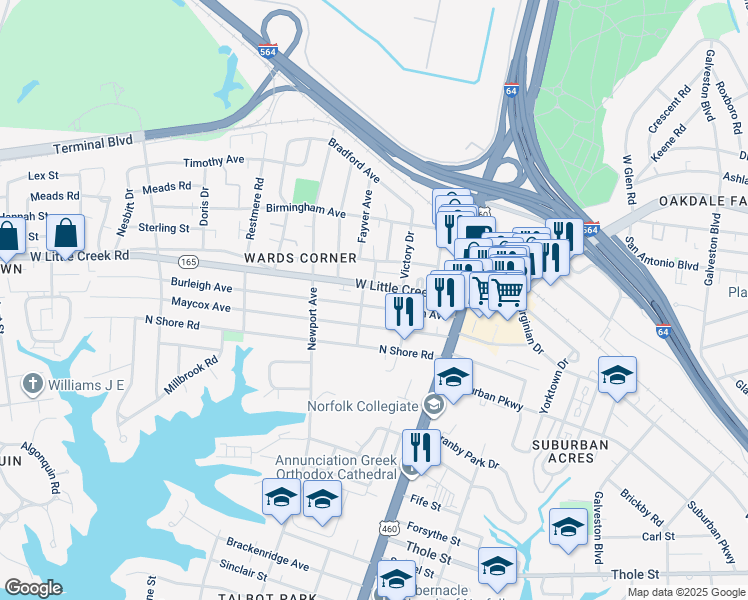 map of restaurants, bars, coffee shops, grocery stores, and more near 214 Burleigh Avenue in Norfolk