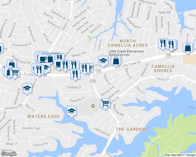 map of restaurants, bars, coffee shops, grocery stores, and more near 2501 East Little Creek Road in Norfolk