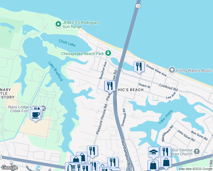 map of restaurants, bars, coffee shops, grocery stores, and more near 4812 Bel Air Lane in Virginia Beach