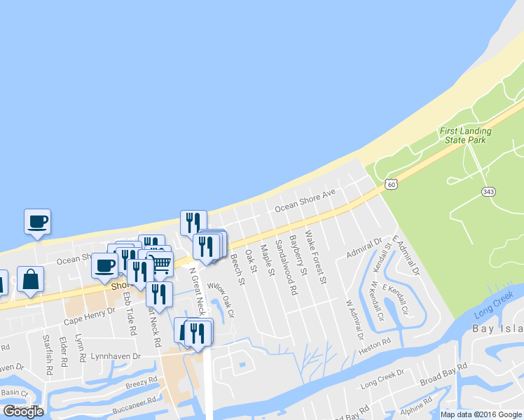 map of restaurants, bars, coffee shops, grocery stores, and more near 2710 Ocean Shore Avenue in Virginia Beach