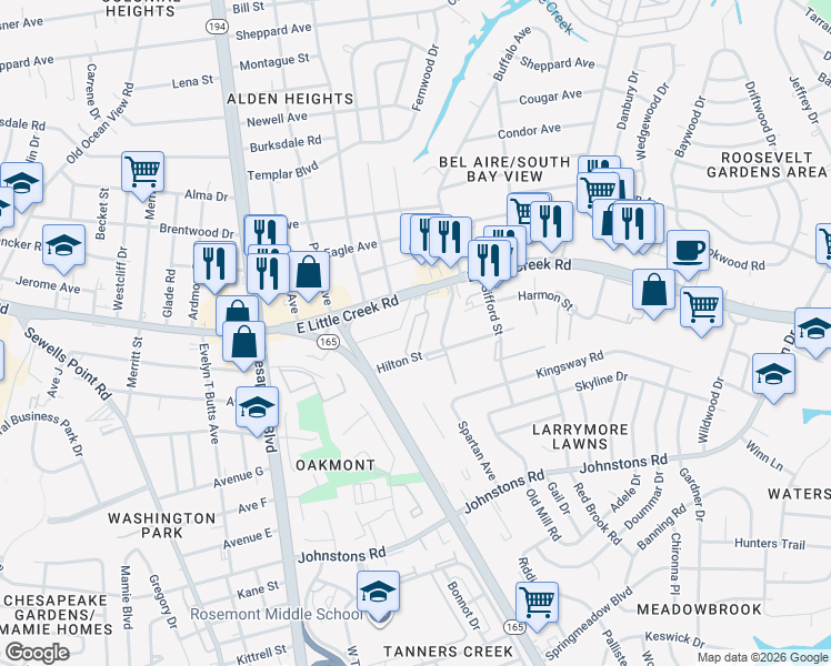 map of restaurants, bars, coffee shops, grocery stores, and more near 1337 East Little Creek Road in Norfolk