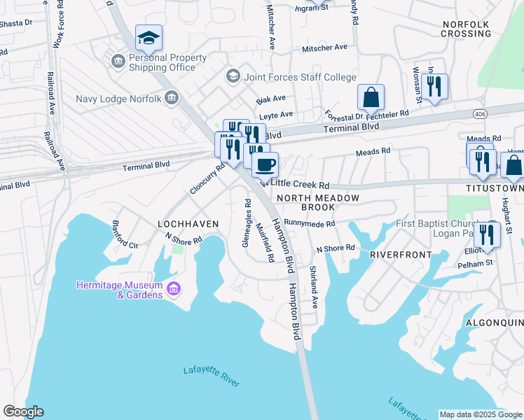 map of restaurants, bars, coffee shops, grocery stores, and more near 7459 Hampton Boulevard in Norfolk