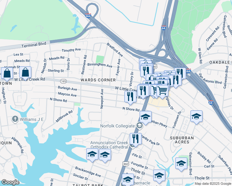 map of restaurants, bars, coffee shops, grocery stores, and more near 300 Burleigh Avenue in Norfolk