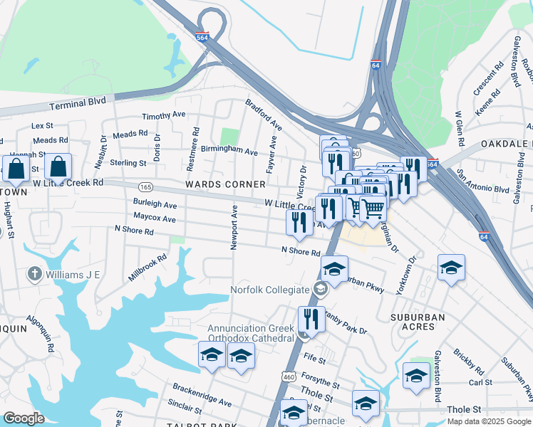 map of restaurants, bars, coffee shops, grocery stores, and more near 300 Burleigh Avenue in Norfolk