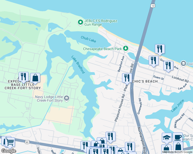 map of restaurants, bars, coffee shops, grocery stores, and more near 4964 Athens Boulevard in Virginia Beach