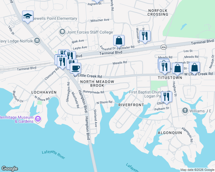 map of restaurants, bars, coffee shops, grocery stores, and more near 1504 Trouville Avenue in Norfolk