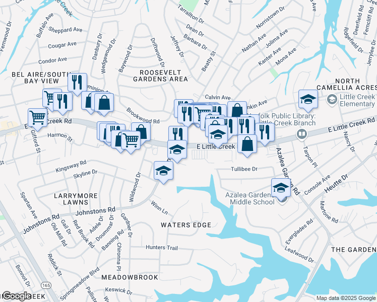 map of restaurants, bars, coffee shops, grocery stores, and more near 2325 East Little Creek Road in Norfolk
