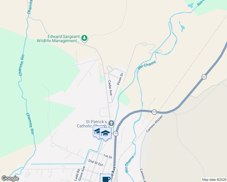 map of restaurants, bars, coffee shops, grocery stores, and more near 461 Pinon Drive in Chama
