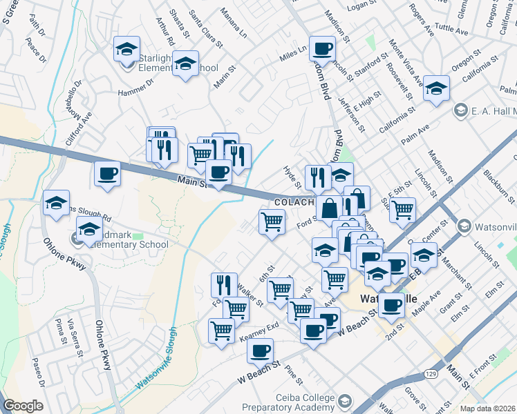 map of restaurants, bars, coffee shops, grocery stores, and more near 925 Main Street in Watsonville