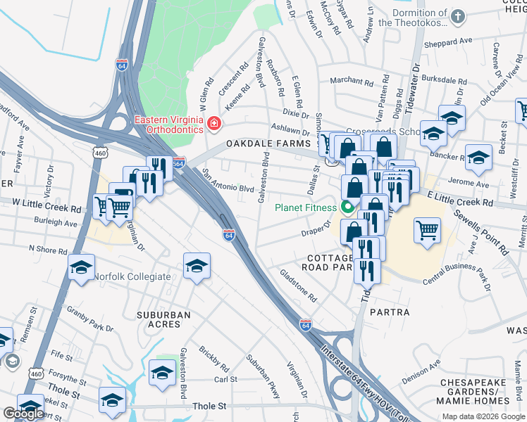 map of restaurants, bars, coffee shops, grocery stores, and more near in Norfolk