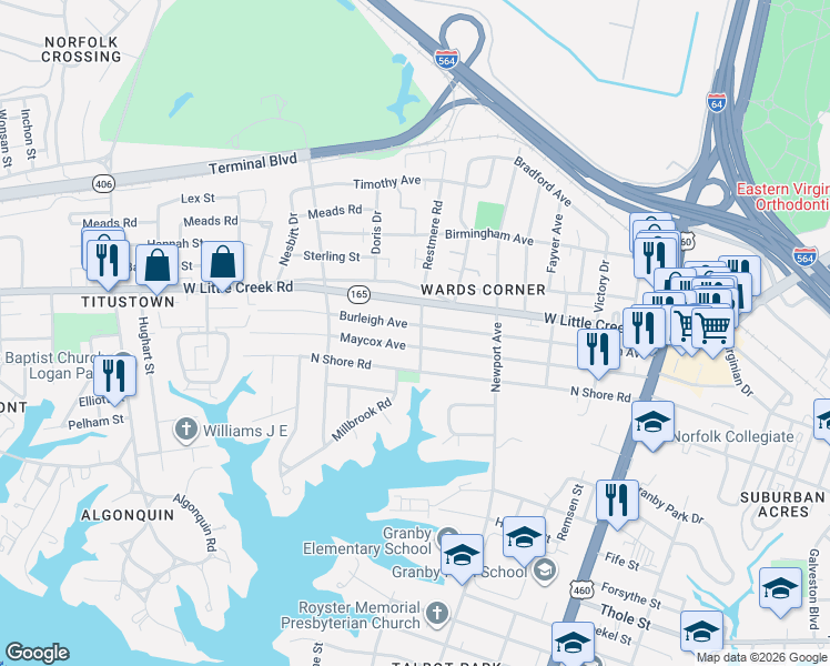 map of restaurants, bars, coffee shops, grocery stores, and more near 501 Burleigh Avenue in Norfolk