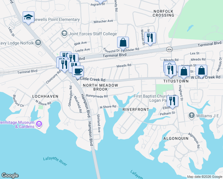 map of restaurants, bars, coffee shops, grocery stores, and more near 1504 Trouville Avenue in Norfolk