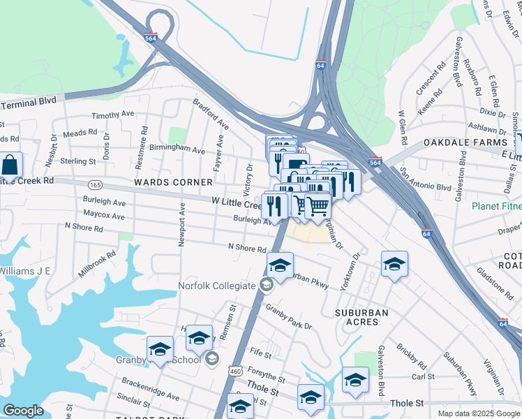 map of restaurants, bars, coffee shops, grocery stores, and more near in Norfolk