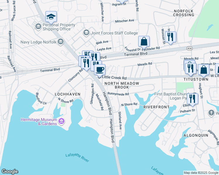 map of restaurants, bars, coffee shops, grocery stores, and more near 1621 Trouville Avenue in Norfolk