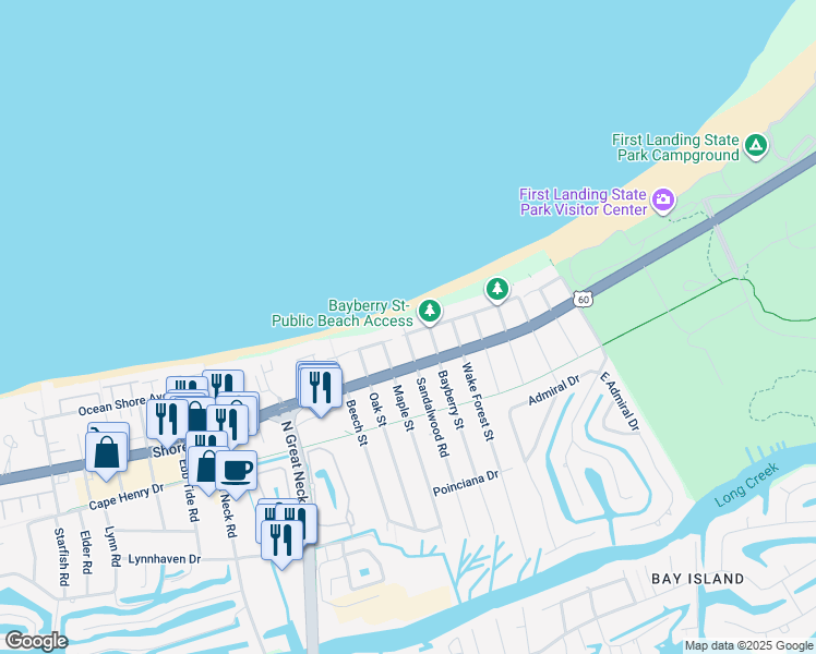 map of restaurants, bars, coffee shops, grocery stores, and more near 2712 Ocean Shore Avenue in Virginia Beach