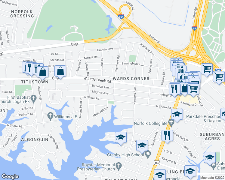 map of restaurants, bars, coffee shops, grocery stores, and more near 501 Burleigh Avenue in Norfolk