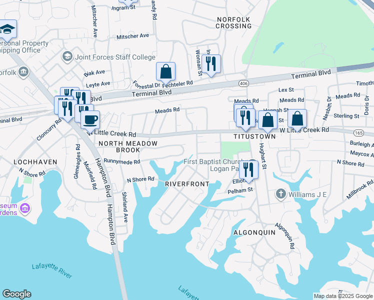 map of restaurants, bars, coffee shops, grocery stores, and more near 1403 Runnymede Road in Norfolk