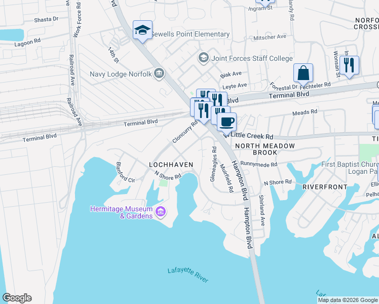 map of restaurants, bars, coffee shops, grocery stores, and more near 1319 Daniel Avenue in Norfolk