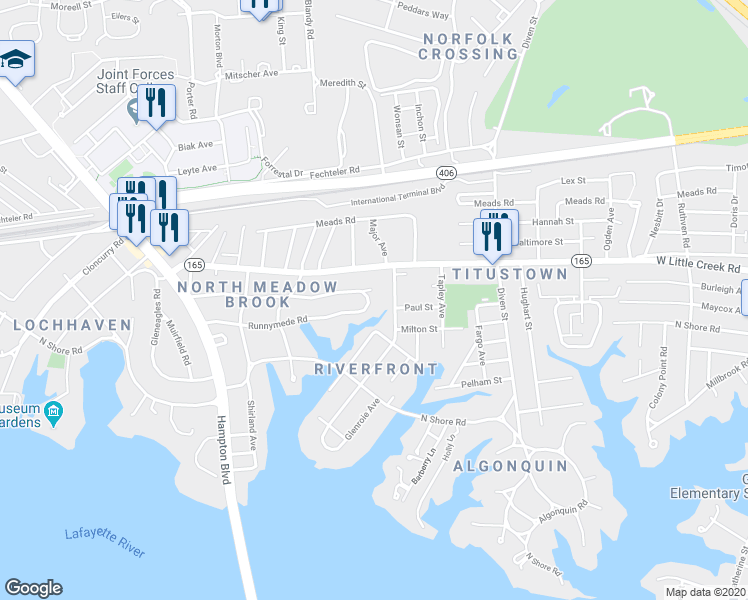 map of restaurants, bars, coffee shops, grocery stores, and more near 1403 Runnymede Road in Norfolk