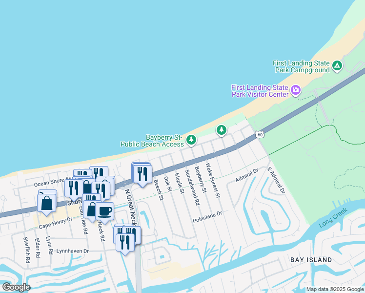map of restaurants, bars, coffee shops, grocery stores, and more near 2710 Ocean Shore Avenue in Virginia Beach