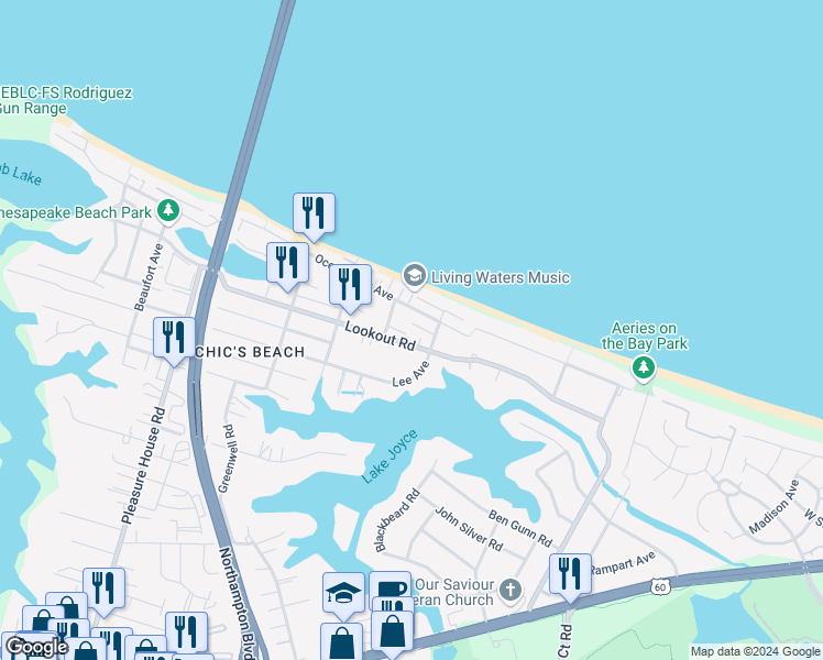 map of restaurants, bars, coffee shops, grocery stores, and more near 4458 Lauderdale Avenue in Virginia Beach