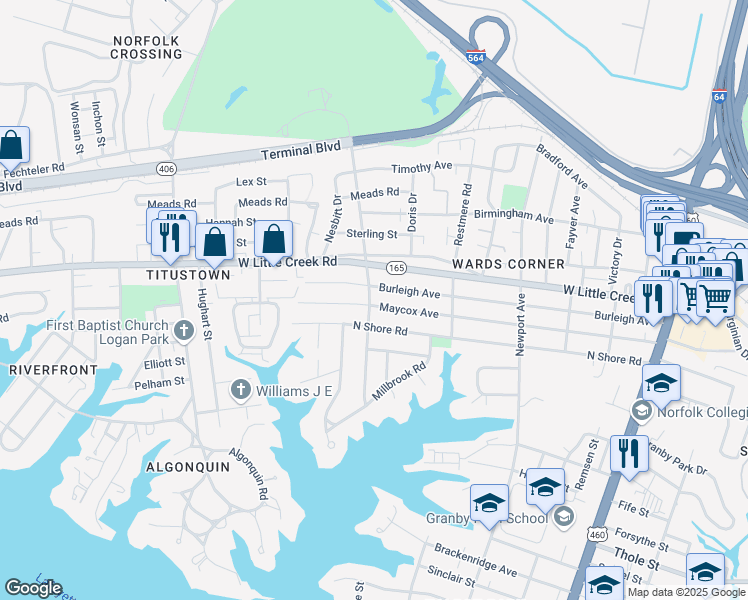map of restaurants, bars, coffee shops, grocery stores, and more near 528 Maycox Avenue in Norfolk