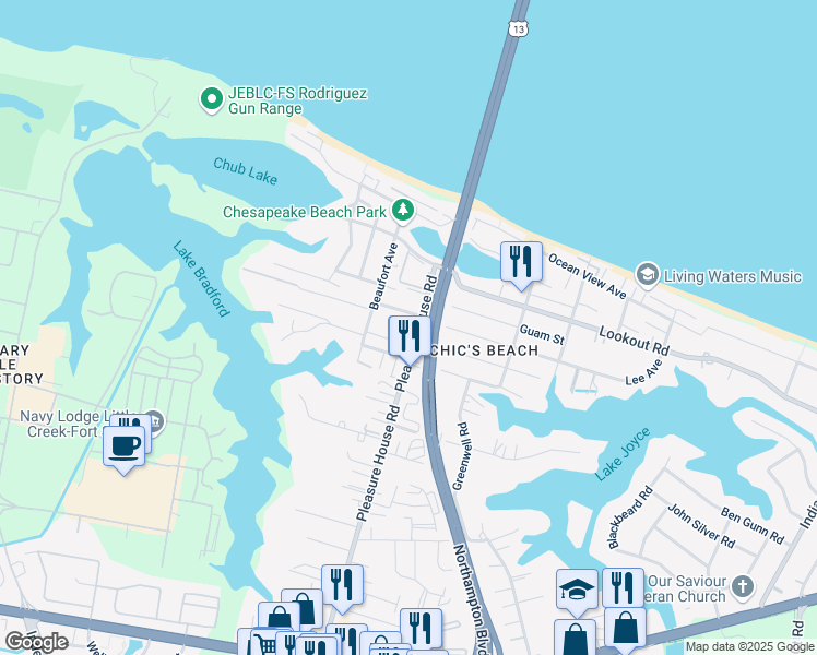 map of restaurants, bars, coffee shops, grocery stores, and more near 4812 Bel Air Lane in Virginia Beach