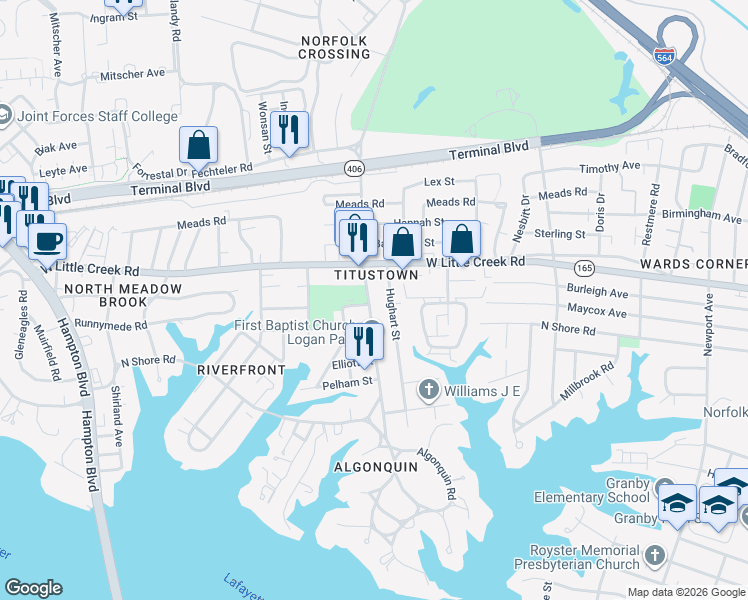map of restaurants, bars, coffee shops, grocery stores, and more near 7537 Hughart Street in Norfolk