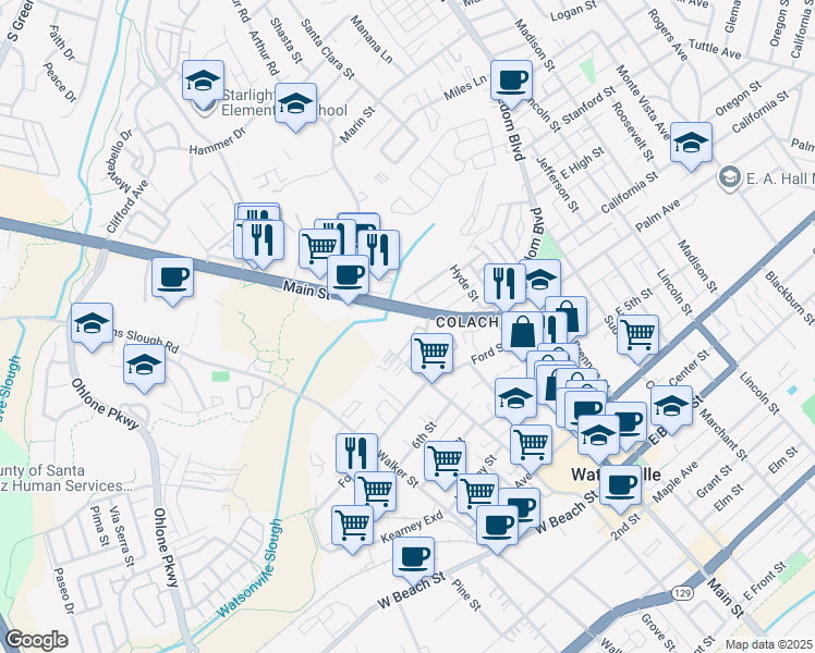 map of restaurants, bars, coffee shops, grocery stores, and more near 925 Main St in Watsonville