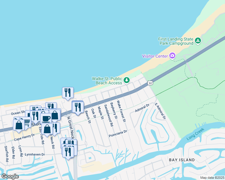 map of restaurants, bars, coffee shops, grocery stores, and more near 2311 Wake Forest Street in Virginia Beach