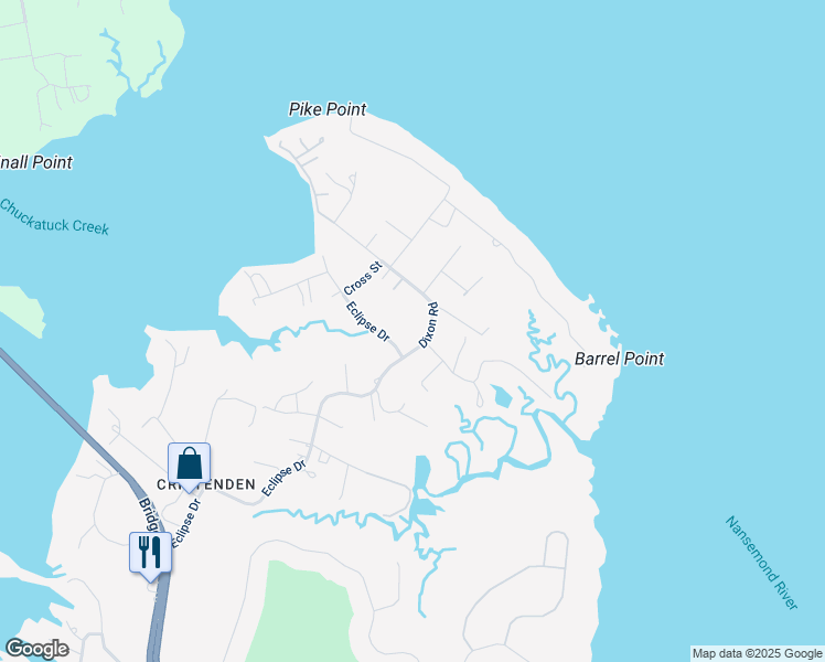 map of restaurants, bars, coffee shops, grocery stores, and more near 9191 Dixon Road in Suffolk
