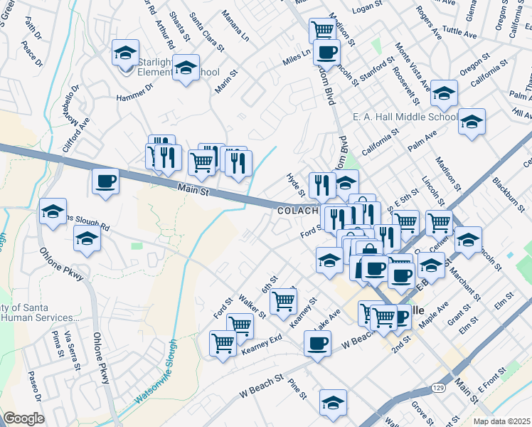 map of restaurants, bars, coffee shops, grocery stores, and more near in Watsonville