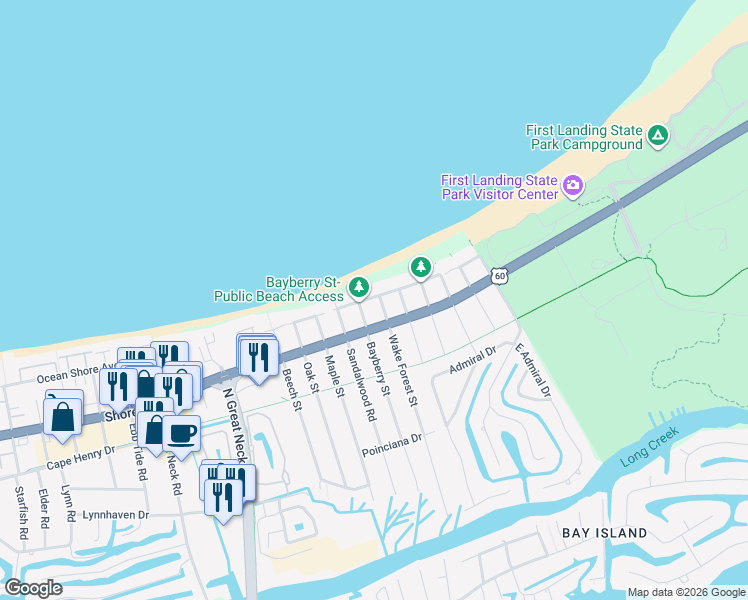 map of restaurants, bars, coffee shops, grocery stores, and more near 2311 Wake Forest Street in Virginia Beach