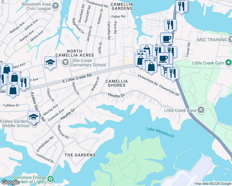 map of restaurants, bars, coffee shops, grocery stores, and more near 7717 Flowerfield Road in Norfolk
