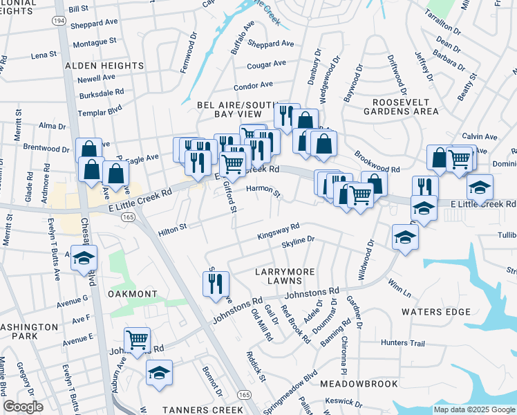 map of restaurants, bars, coffee shops, grocery stores, and more near 1703 Harmon Street in Norfolk
