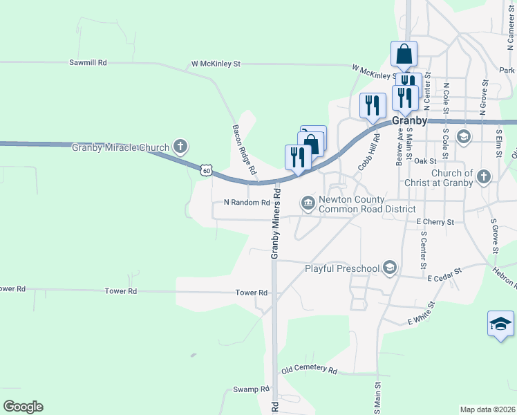 map of restaurants, bars, coffee shops, grocery stores, and more near 600-768 N Random Rd in Granby