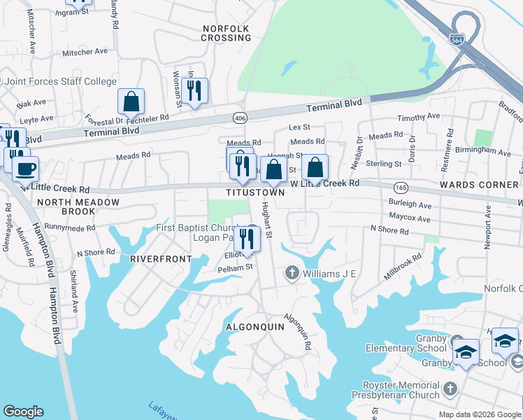 map of restaurants, bars, coffee shops, grocery stores, and more near 7537 Hughart Street in Norfolk