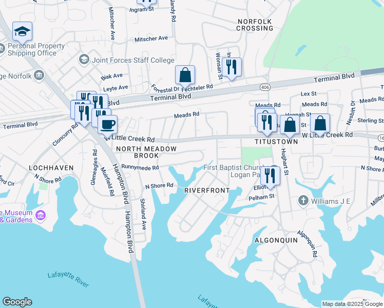 map of restaurants, bars, coffee shops, grocery stores, and more near 1405 Trouville Avenue in Norfolk